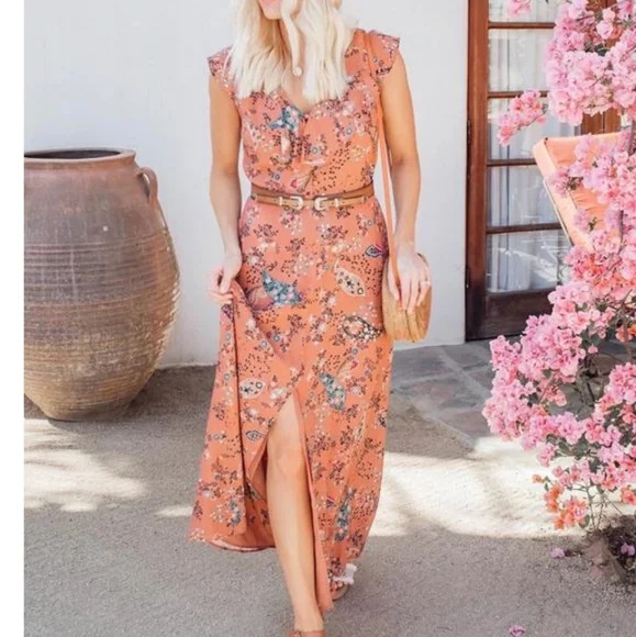 WILLOW & CLAY | floral flower ruffle front slit maxi dress - Picture 11 of 11